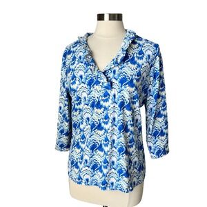 J. McLaughlin Blue Yellow Peacock Print Ruffle V-Neck 3/4 Sleeve Top XL